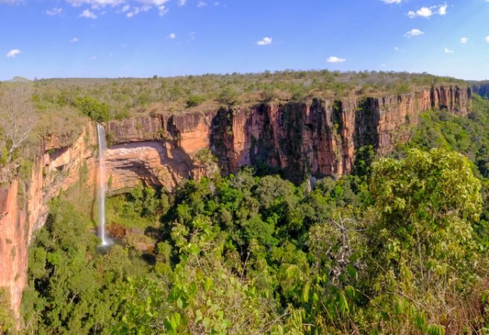 Beautiful Bridal Veil, Veu Da Noiva waterfall in Chapada Dos Guimaraes National Park, Cuiaba, Mato Grosso, Brazil, South America